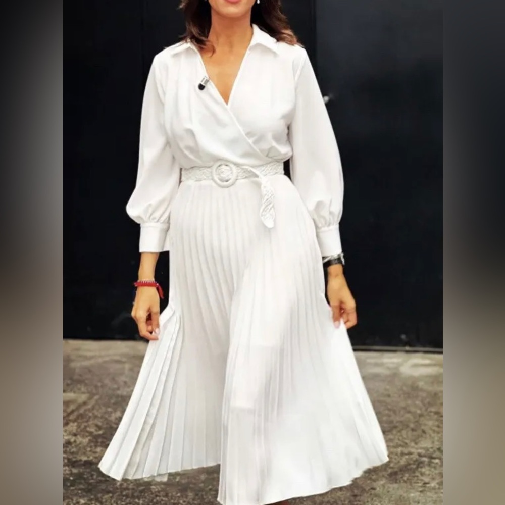 ZARA WOMAN WHITE PLEATED MIDI BELTED DRESS SIZE S REF: 2298/178 NWT